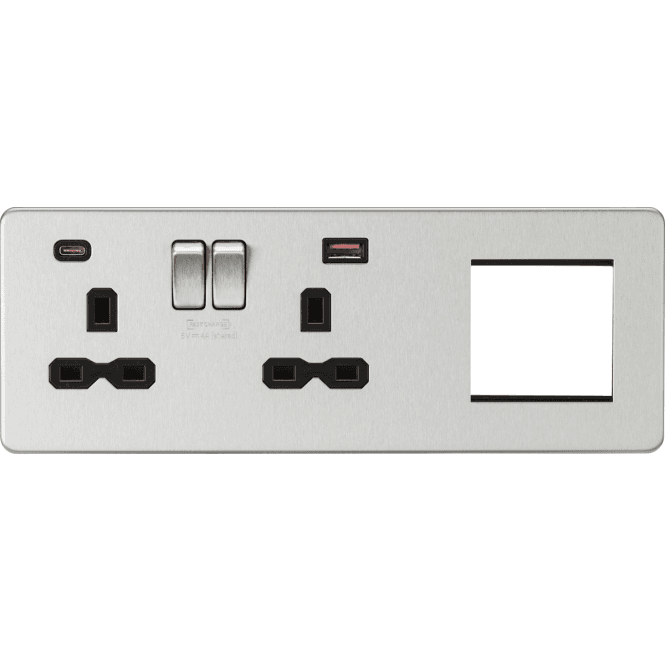 Knightsbridge Switches and Sockets SFR992LBC Screwless Double Switched Socket with Dual USB Ports A+C (12V DC 1.5A MAX 18W) with Black Inserts and a 2G Modular Combination Plate in Brushed Chrome