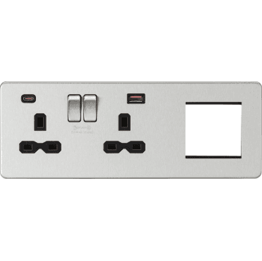 SFR992LBC Screwless Double Switched Socket with Dual USB Ports A+C (12V DC 1.5A MAX 18W) with Black Inserts and a 2G Modular Combination Plate in Brushed Chrome