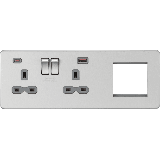 Knightsbridge Switches and Sockets SFR992LBCG Screwless Double Switched Socket with Dual USB Ports A+C (12V DC 1.5A MAX 18W) with Grey Inserts and a 2G Modular Combination Plate in Brushed Chrome