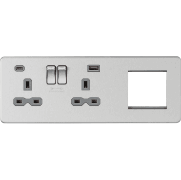 SFR992LBCG Screwless Double Switched Socket with Dual USB Ports A+C (12V DC 1.5A MAX 18W) with Grey Inserts and a 2G Modular Combination Plate in Brushed Chrome