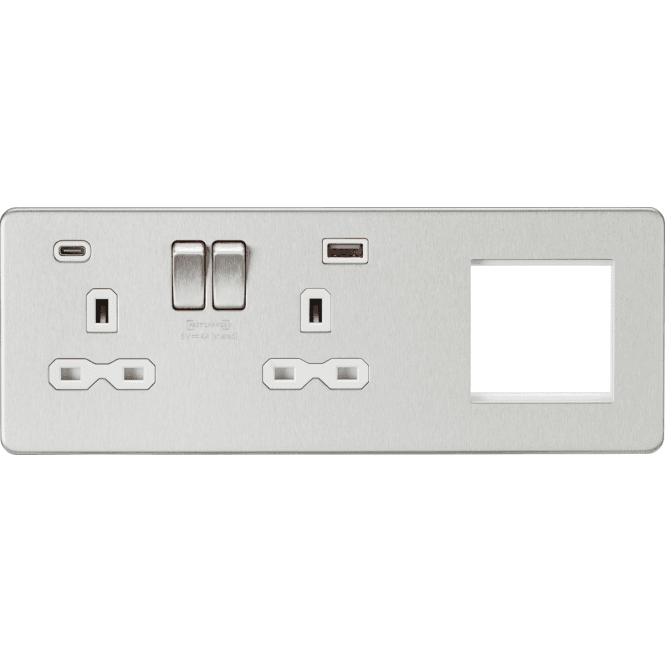 Knightsbridge Switches and Sockets SFR992LBCW Screwless Double Switched Socket with Dual USB Ports A+C (12V DC 1.5A MAX 18W) with White Inserts and a 2G Modular Combination Plate in Brushed Chrome