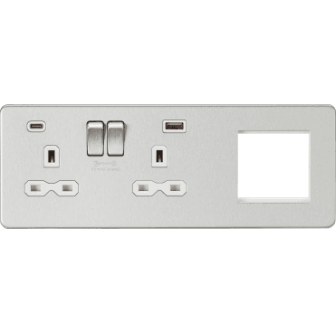 SFR992LBCW Screwless Double Switched Socket with Dual USB Ports A+C (12V DC 1.5A MAX 18W) with White Inserts and a 2G Modular Combination Plate in Brushed Chrome