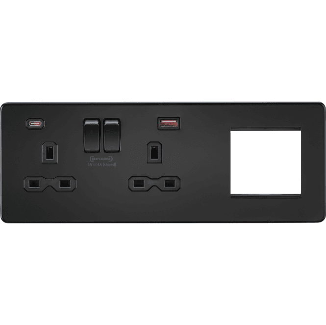 Knightsbridge Switches and Sockets SFR992LMBB Screwless Double Switched Socket with Dual USB Ports A+C (12V DC 1.5A MAX 18W) with 2G Modular Combination Plate in Matt Black