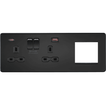 SFR992LMBB Screwless Double Switched Socket with Dual USB Ports A+C (12V DC 1.5A MAX 18W) with 2G Modular Combination Plate in Matt Black