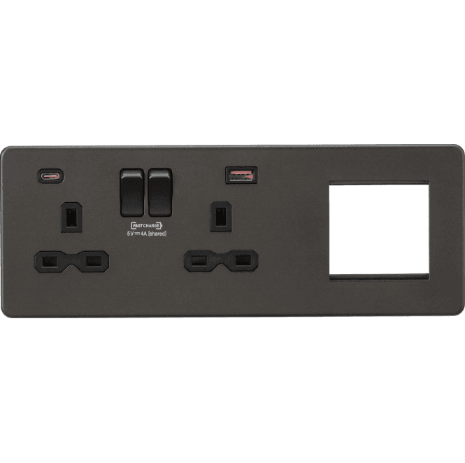 Knightsbridge Switches and Sockets SFR992LSB Screwless Double Switched Socket with Dual USB Ports A+C (12V DC 1.5A MAX 18W) with 2G Modular Combination Plate in Smoked Bronze
