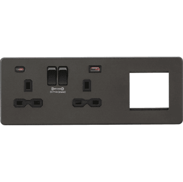 SFR992LSB Screwless Double Switched Socket with Dual USB Ports A+C (12V DC 1.5A MAX 18W) with 2G Modular Combination Plate in Smoked Bronze
