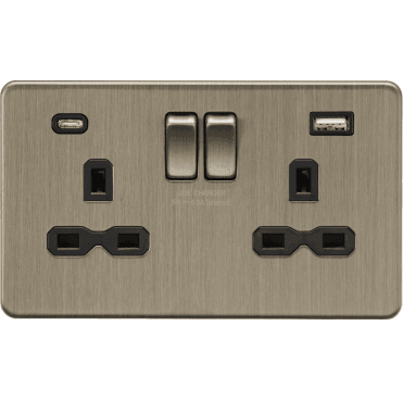 SFR9940AB Screwless Double Switched Socket with Dual USB Ports A+C (5V DC 4.0A) in Antique Brass