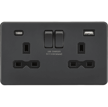 SFR9940AT Screwless Double Switched Socket with Dual USB A+C (5V DC 4.0A) in Anthracite