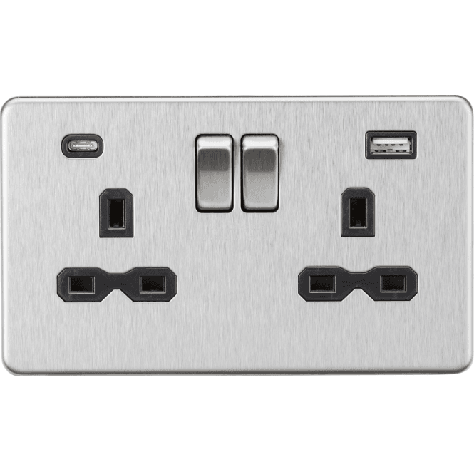 Knightsbridge Switches and Sockets SFR9940BC Screwless Double Switched Socket with Dual USB Ports A+C (5V DC 4.0A) with Black Insert in Brushed Chrome