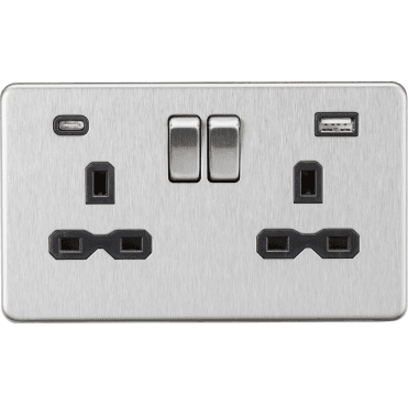 SFR9940BC Screwless Double Switched Socket with Dual USB Ports A+C (5V DC 4.0A) with Black Insert in Brushed Chrome