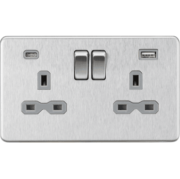 SFR9940BCG Screwless Double Switched Socket with Dual USB Ports A+C (5V DC 4.0A) with Grey Insert in Brushed Chrome
