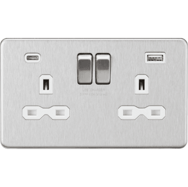 SFR9940BCW Screwless Double Switched Socket with Dual USB Ports A+C (5V DC 4.0A) with White Insert in Brusehd Chrome