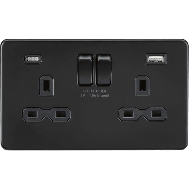 Knightsbridge Switches and Sockets SFR9940MBB Screwless Double Switched Socket with Dual USB Ports A+C (5V DC 4.0A) in Matt Black