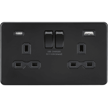 SFR9940MBB Screwless Double Switched Socket with Dual USB Ports A+C (5V DC 4.0A) in Matt Black