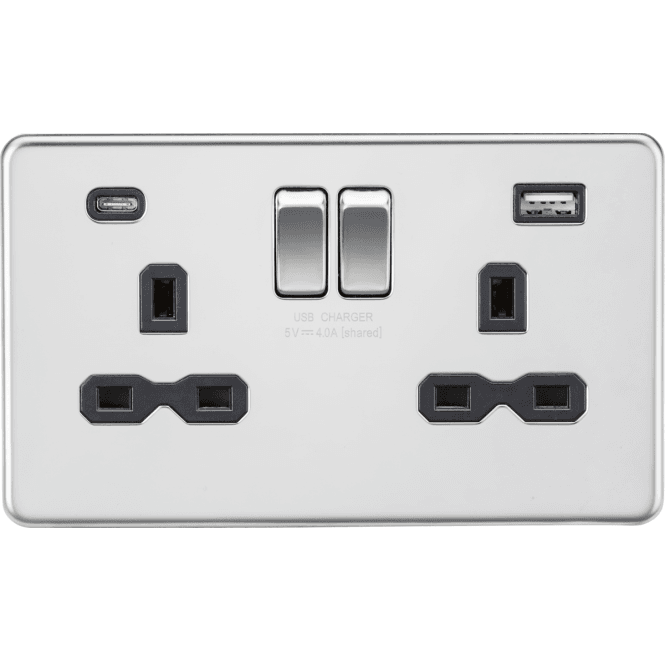 Knightsbridge Switches and Sockets SFR9940PC Screwless Double Switched Socket with Dual USB Ports A+C (5V DC 4.0A) with Black Insert in Polished Chrome