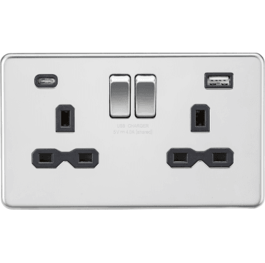 SFR9940PC Screwless Double Switched Socket with Dual USB Ports A+C (5V DC 4.0A) with Black Insert in Polished Chrome