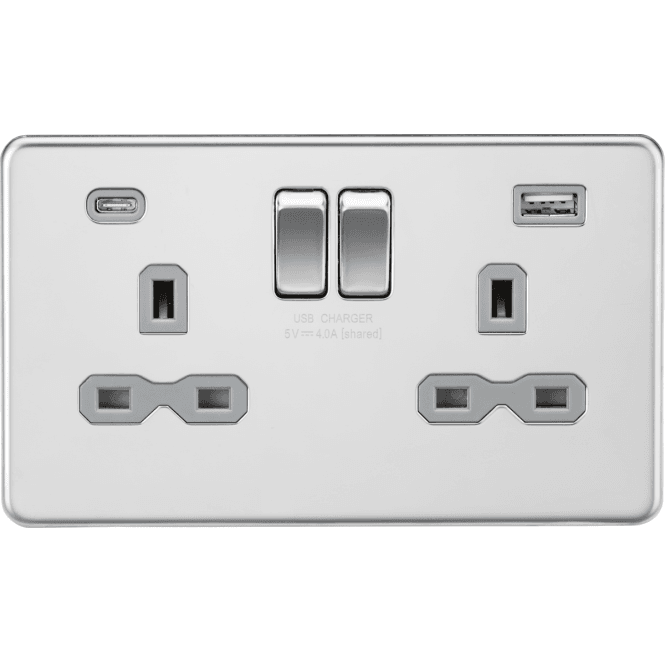 Knightsbridge Switches and Sockets SFR9940PCG Screwless Double Switched Socket with Dual USB Ports A+C (5V DC 4.0A) with Grey Insert in Polished Chrome