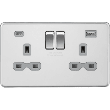 SFR9940PCG Screwless Double Switched Socket with Dual USB Ports A+C (5V DC 4.0A) with Grey Insert in Polished Chrome
