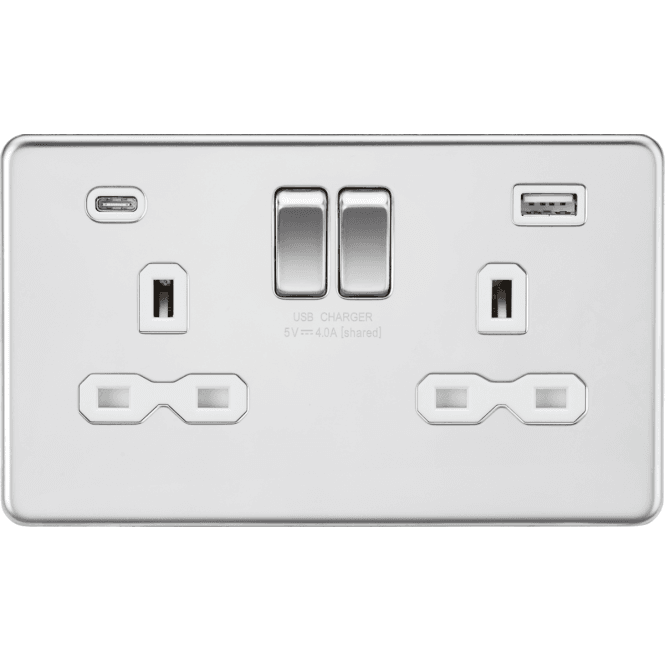 Knightsbridge Switches and Sockets SFR9940PCW Screwless Double Switched Socket with Dual USB Ports A+C (5V DC 4.0A) with White Insert in Polished Chrome
