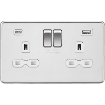 SFR9940PCW Screwless Double Switched Socket with Dual USB Ports A+C (5V DC 4.0A) with White Insert in Polished Chrome