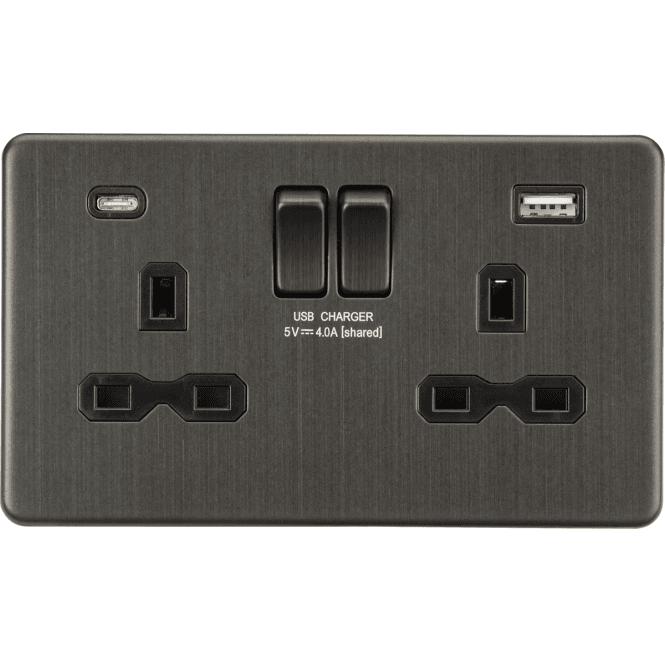 Knightsbridge Switches and Sockets SFR9940SB Screwless Double Switched Socket with Dual USB Ports A+C (5V DC 4.0A) in Smoked Bronze
