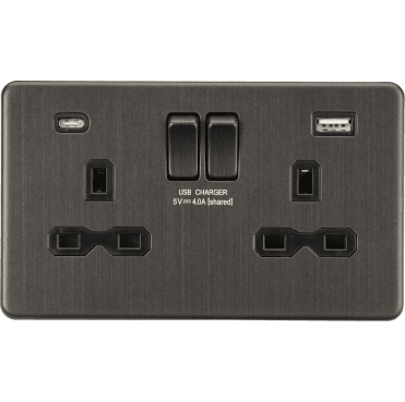 SFR9940SB Screwless Double Switched Socket with Dual USB Ports A+C (5V DC 4.0A) in Smoked Bronze