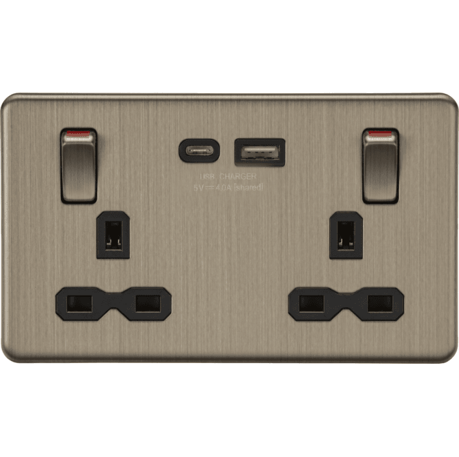 Knightsbridge Switches and Sockets SFR9941AB Screwless Double Switched Socket with Dual USB Ports A+C with Outboard Rockets with Red Flash in Antique Brass
