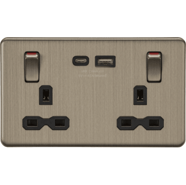 SFR9941AB Screwless Double Switched Socket with Dual USB Ports A+C with Outboard Rockets with Red Flash in Antique Brass