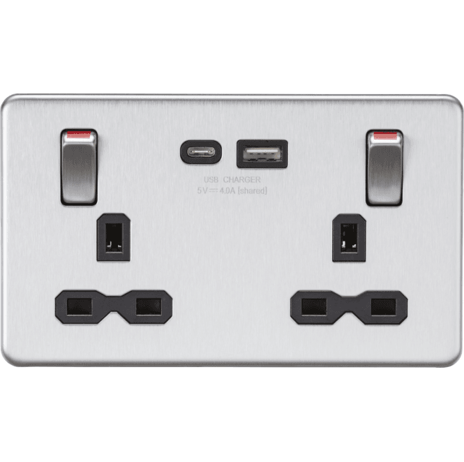 Knightsbridge Switches and Sockets SFR9941BC Screwless Double Switched Socket with Dual USB Ports A+C with Outboard Rockets with Red Flash in Brushed Chrome