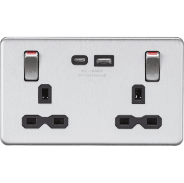 SFR9941BC Screwless Double Switched Socket with Dual USB Ports A+C with Outboard Rockets with Red Flash in Brushed Chrome