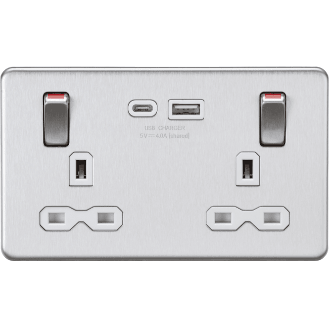 Knightsbridge Switches and Sockets SFR9941BCW Screwless Double Switched Socket with Dual USB Ports A+C with White Inserts and Outboard Rockets with Red Flash in Brushed Chrome