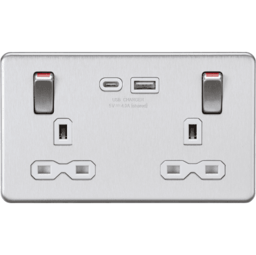 SFR9941BCW Screwless Double Switched Socket with Dual USB Ports A+C with White Inserts and Outboard Rockets with Red Flash in Brushed Chrome