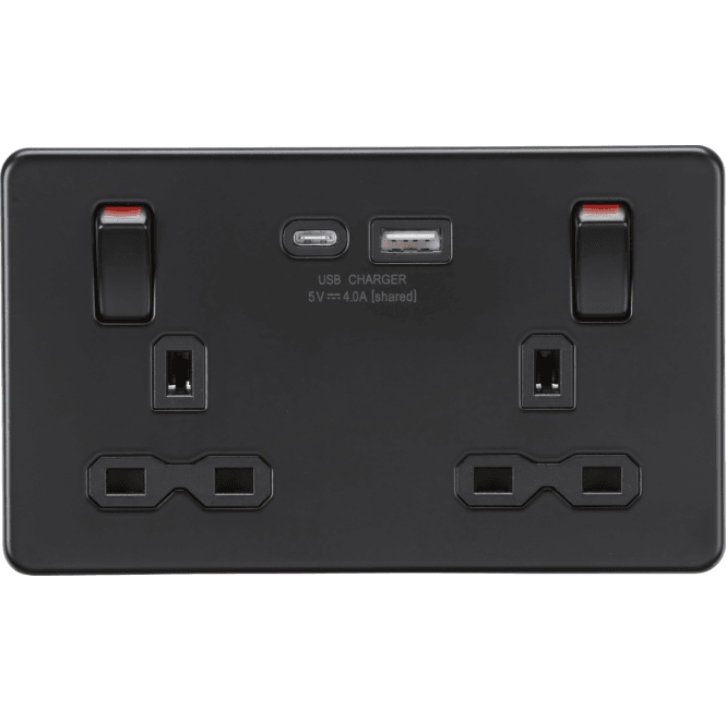 Knightsbridge Switches and Sockets SFR9941MBB Screwless Double Switched Socket with Dual USB Ports A+C with Outboard Rockets with Red Flash in Matt Black