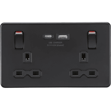 SFR9941MBB Screwless Double Switched Socket with Dual USB Ports A+C with Outboard Rockets with Red Flash in Matt Black
