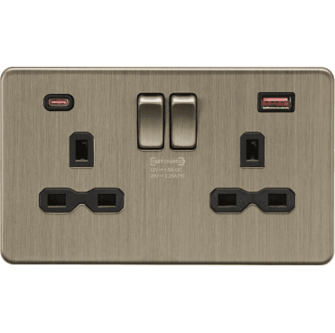 SFR9945AB Screwless Double Switched Socket with Dual USB Ports A+C (20V DC 2.25A) in Antique Brass