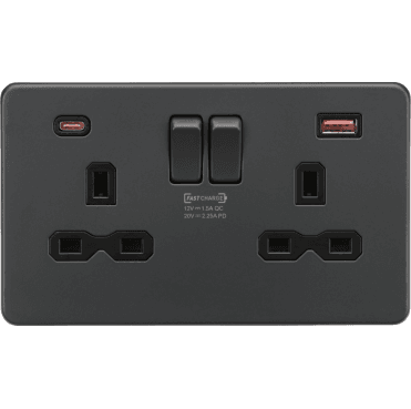 SFR9945AT Screwless Double Switched Socket with Dual USB Ports A+C (20V DC 2.25A) in Anthracite