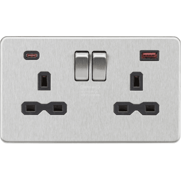 SFR9945BC Screwless Double Switched Socket with Dual USB Ports A+C (20V DC 2.25A) with Black Insert in Brushed Chrome