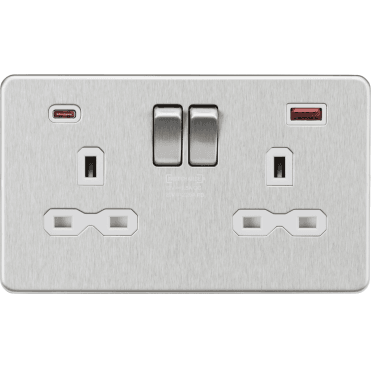 SFR9945BCW Screwless Double Switched Socket with Dual USB Ports A+C (20V DC 2.25A) with White Insert in Brushed Chrome