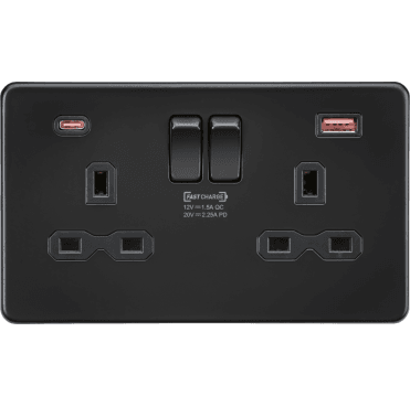 SFR9945MBB Screwless Double Switched Socket with Dual USB Ports A+C (20V DC 2.25A) in Matt Black
