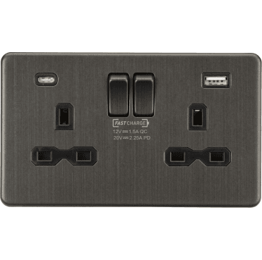 SFR9945SB Screwless Double Switched Socket with Dual USB Ports A+C (20V DC 2.25A) in Smoked Bronze