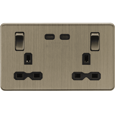 SFR9965AB Screwless Double Switched Socket with Dual USB (65w Dual Fastcharge) in Antique Brass