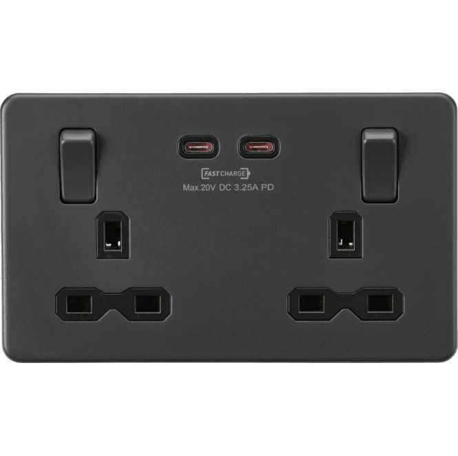 Knightsbridge Switches and Sockets SFR9965AT Screwless Double Switched Socket with Dual USB (65w Dual Fastcharge) in Anthracite