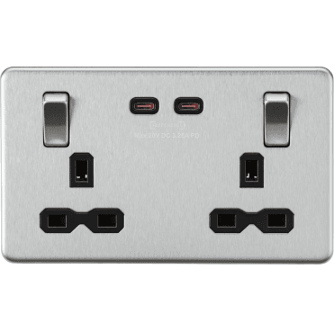 SFR9965BC Screwless Double Switched Socket with Dual USB (65w Dual Fastcharge) with Black Insert in Brushed Chrome