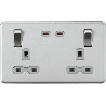 SFR9965BCG Screwless Double Switched Socket with Dual USB (65w Dual Fastcharge) with Grey Insert in Brushed Chrome