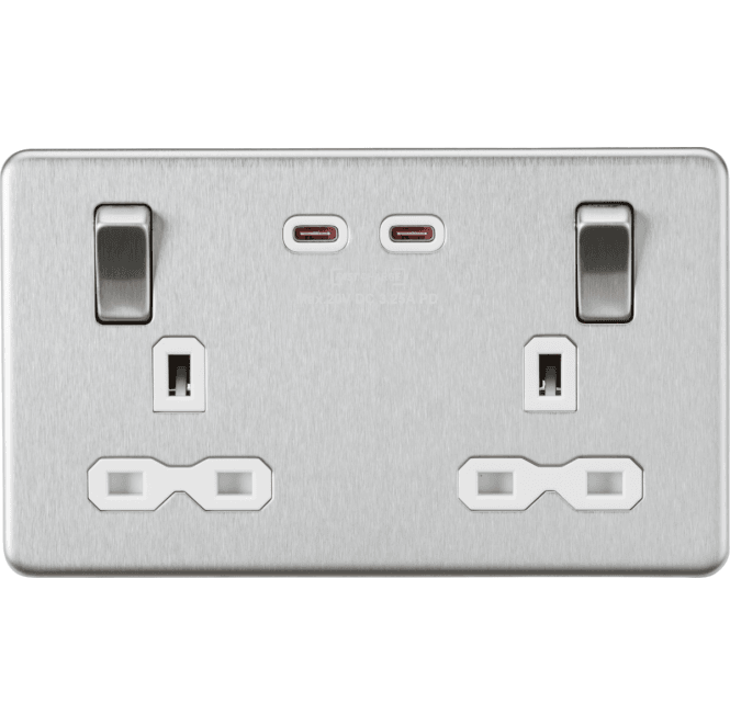 Knightsbridge Switches and Sockets SFR9965BCW Screwless Double Switched Socket with Dual USB (65w Dual Fastcharge) with White Insert in Brushed Chrome