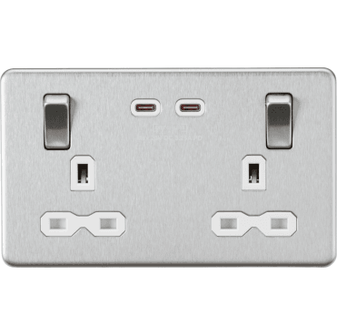 SFR9965BCW Screwless Double Switched Socket with Dual USB (65w Dual Fastcharge) with White Insert in Brushed Chrome