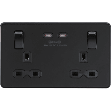 SFR9965MBB Screwless Double Switched Socket with Dual USB (65w Dual Fastcharge) in Matt Black