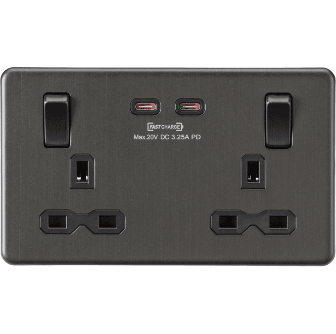 Knightsbridge Switches and Sockets SFR9965SB Screwless Double Switched Socket with Dual USB (65w Dual Fastcharge) in Smoked Bronze
