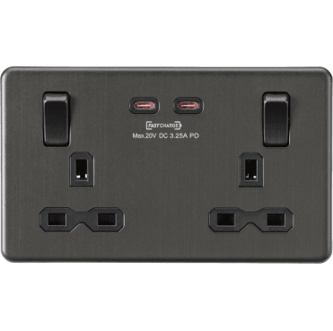 SFR9965SB Screwless Double Switched Socket with Dual USB (65w Dual Fastcharge) in Smoked Bronze
