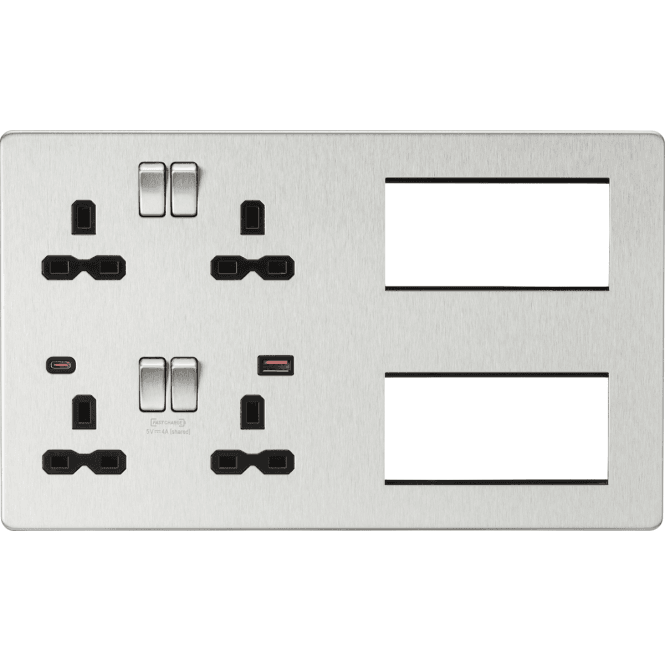 Knightsbridge Switches and Sockets SFR998BC Screwless Multimedia Combination Plate and Dual USB Ports A+C (12V DC 1.5A MAX 18W) with Black Inserts in Brushed Chrome